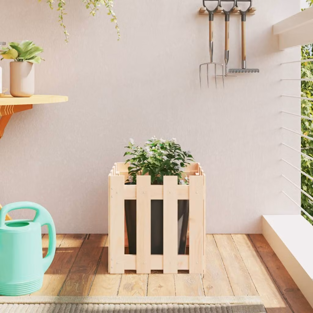 Fioriera da giardino vidaXL in legno di pino massello, design a recinzione, colore marrone/beige, L/P/H: 40 x 40 x 40 cm