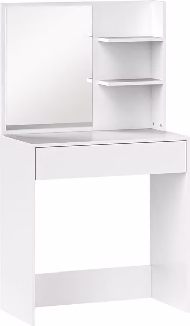 Tavolo da Trucco HOMCOM con Specchio, 3 Ripiani ad Angolo e Cassetto, in Legno e Vetro, Bianco, L: 75 cm, P: 40 cm, H: 137 cm – 1