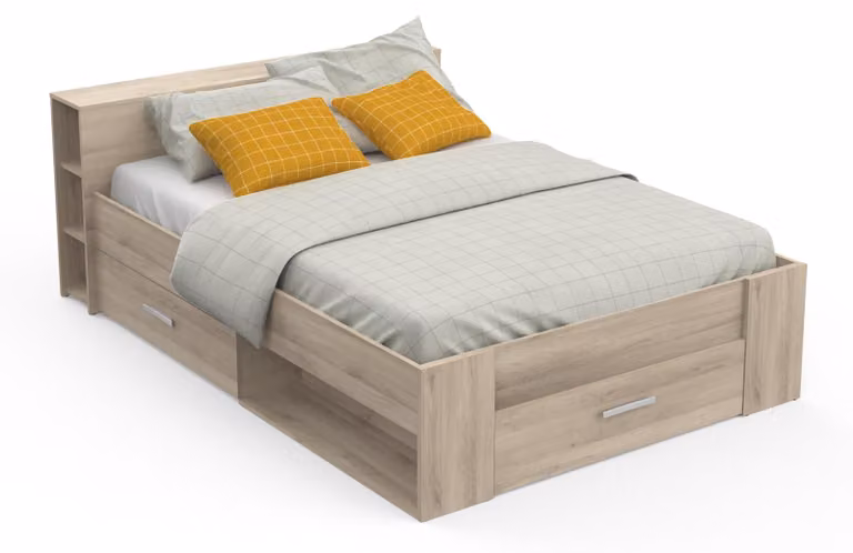 Letto con contenitore, dimensioni 140x190 cm, legno di quercia, 3 cassetti