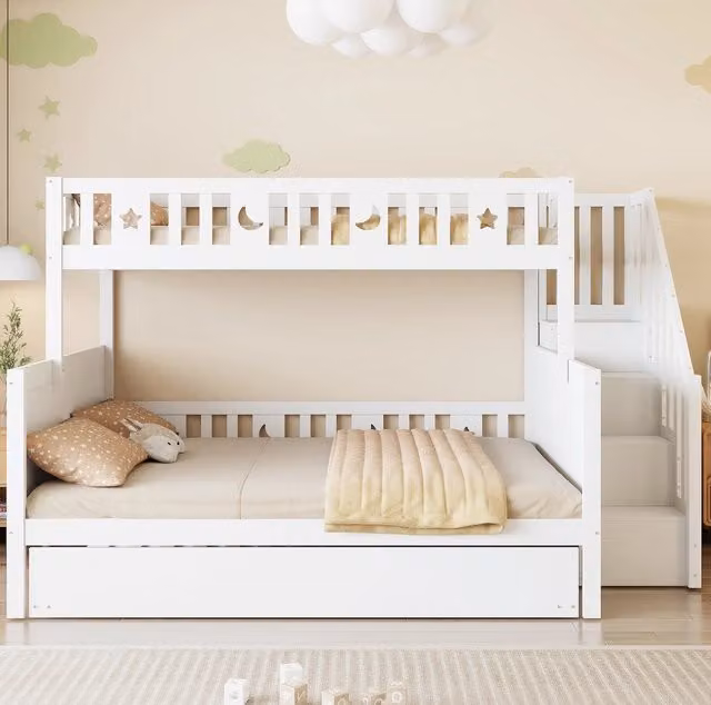 Letto a castello ULEVR 90x200 e 140x200 cm con letto estraibile, scala contenitore e reti a doghe, bianco