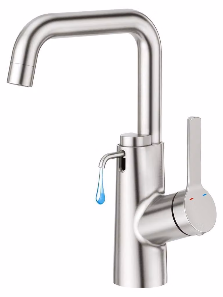 Miscelatore per lavabo monocomando in acciaio inossidabile spazzolato, con dispenser per sapone a 360°