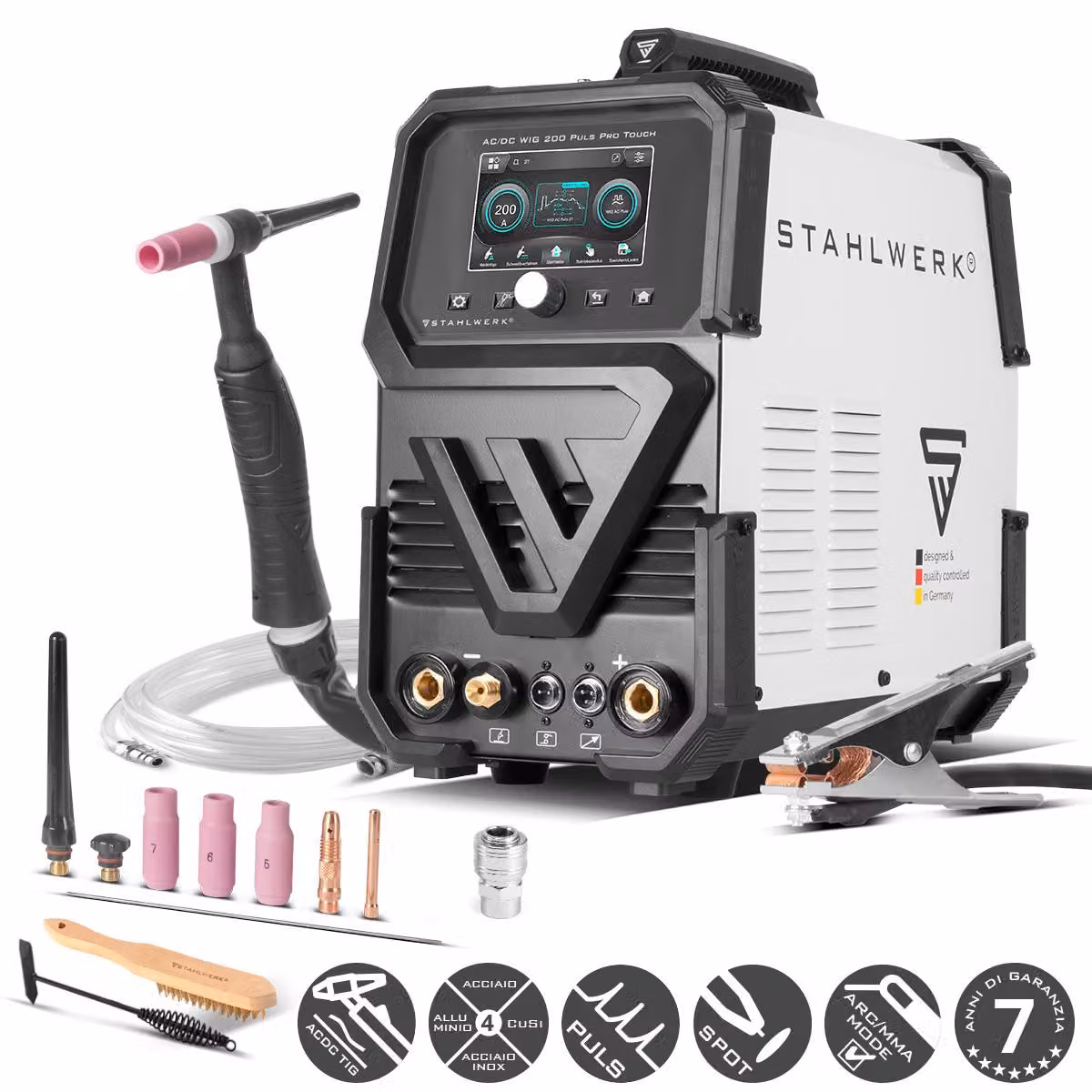 STAHLWERK saldatrice ad arco schermato AC/DC TIG 200 Puls Pro Touch - Inverter IGBT con 200 A, funzione MMA, memoria lavori, impulsi / spot, alluminio e lamiere sottili