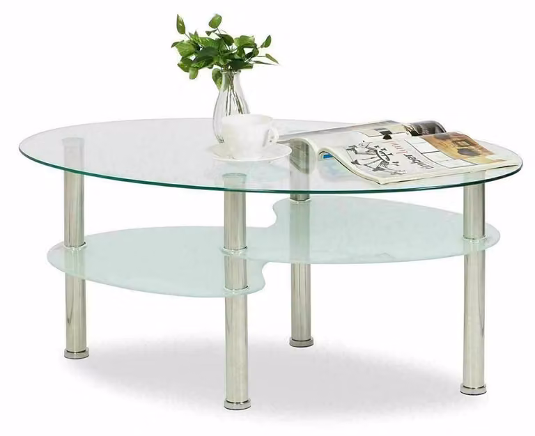Tavolino da caffè in vetro - Tavolino ovale per il soggiorno - 3 ripiani - Struttura in metallo - Con spazio contenitivo - 90x50x45 cm - Bianco trasparente