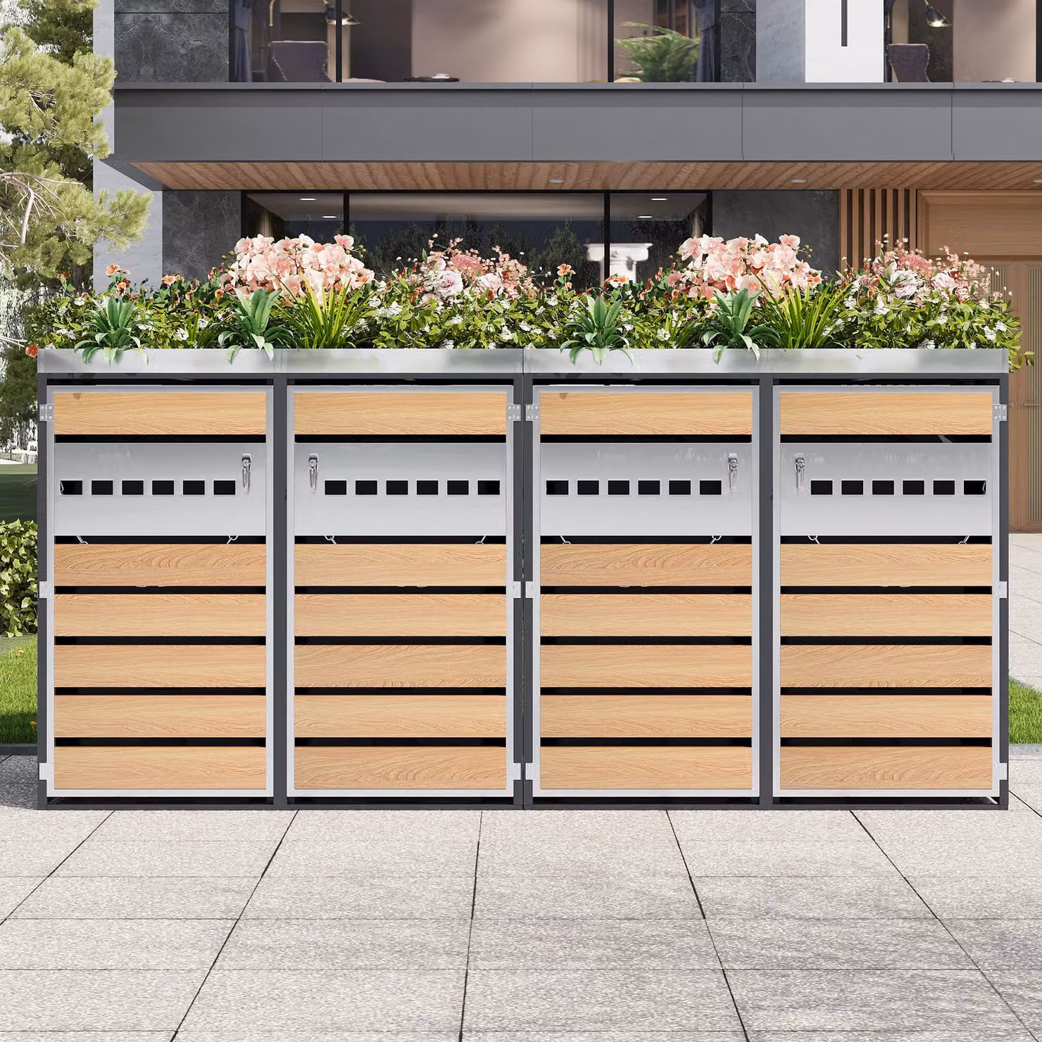 Box per bidoni con fioriera integrata GL Store, quattro porte singole chiudibili a chiave, L: 264 cm, P: 80 cm, H: 124,5 cm, Grigio e Colore naturale – 2