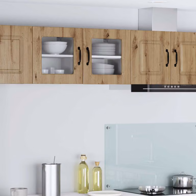 Set di 2 mobili da parete vidaXL PORTO in legno e vetro, colore marrone, design moderno per cucina