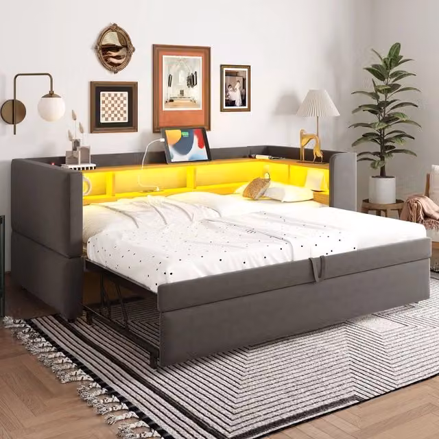 Letto imbottito trasformabile con LED ¨C Minimal ¨C Grigio scuro, 90/180x190cm