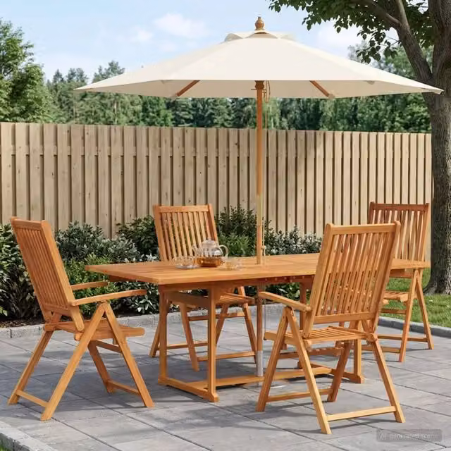Set da pranzo da esterno vidaXL in legno di acacia con ombrellone, 6 pezzi per 4 persone, marrone e bianco