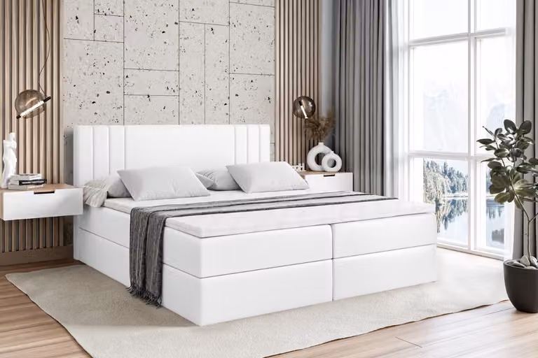 Letto boxspring ALTDECOR IDRIKO, letto imbottito con testiera e contenitore - Materasso rigido (H4) - 120x200 - Pelle finta bianca