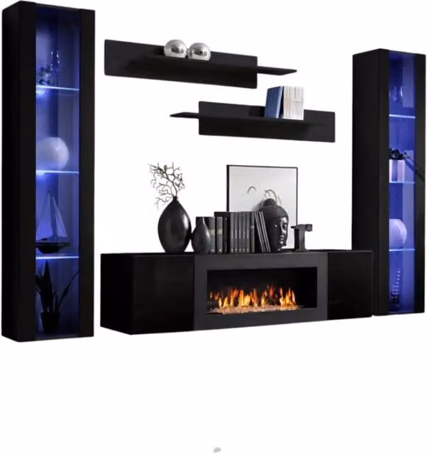 Set di mobili sospesi con camino decorativo collezione FLY M2 Meublorama colore nero con finitura lucida