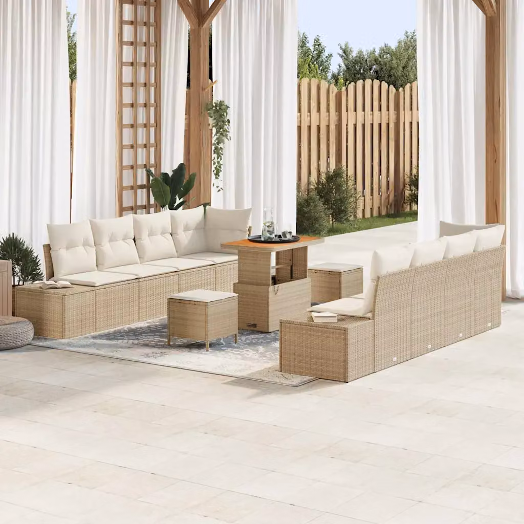 Set Divano da Giardino vidaXL 11 Pezzi in Polyrattan Beige con Cuscini e Tavolino – 1