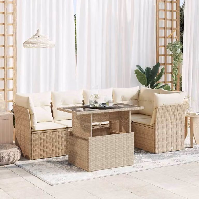 Set Divano da Giardino a L vidaXL 6 pz con Tavolino in Polyrattan e Cuscini Beige e Bianchi