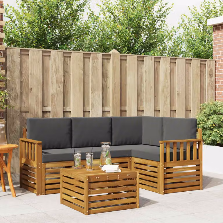 vidaXL Set di divani da esterno a L con tavolo da caffè, in legno di acacia e tessuto antracite e beige, 5 pezzi