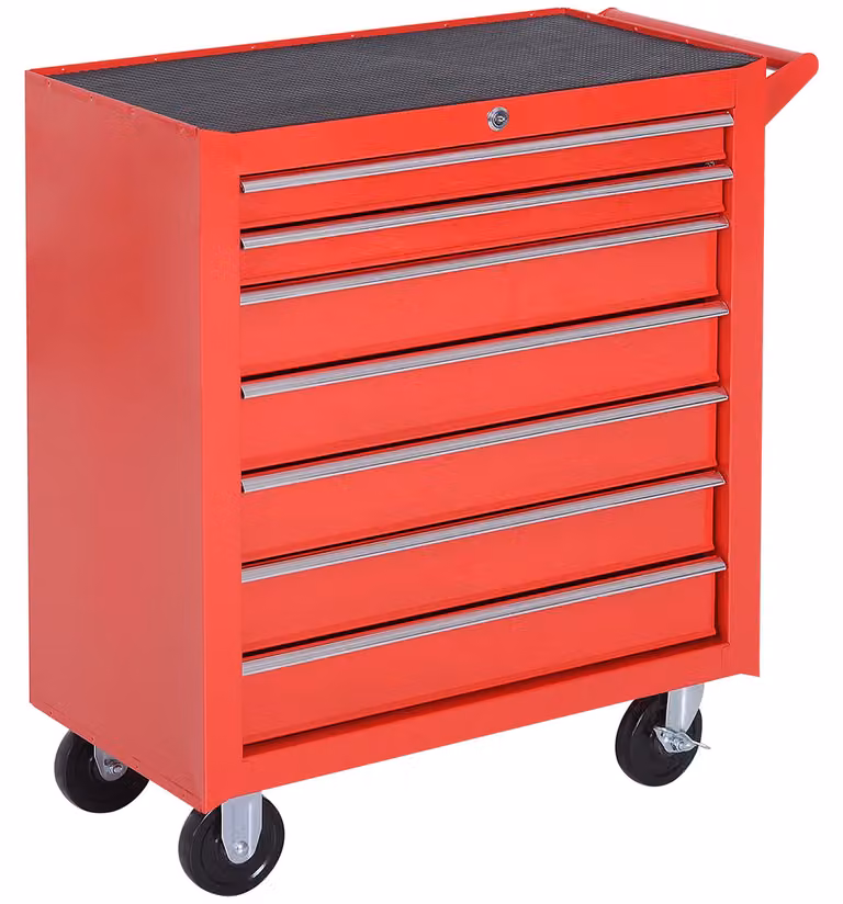 Carrello da officina Moonbite con 7 cassetti, dimensioni 69x33x75 cm, chiudibile con 2 chiavi, dotato di tappetini in EVA, maniglia laterale, 2 freni di stazionamento, capacità di carico fino a 150 kg, realizzato in acciaio, colore rosso