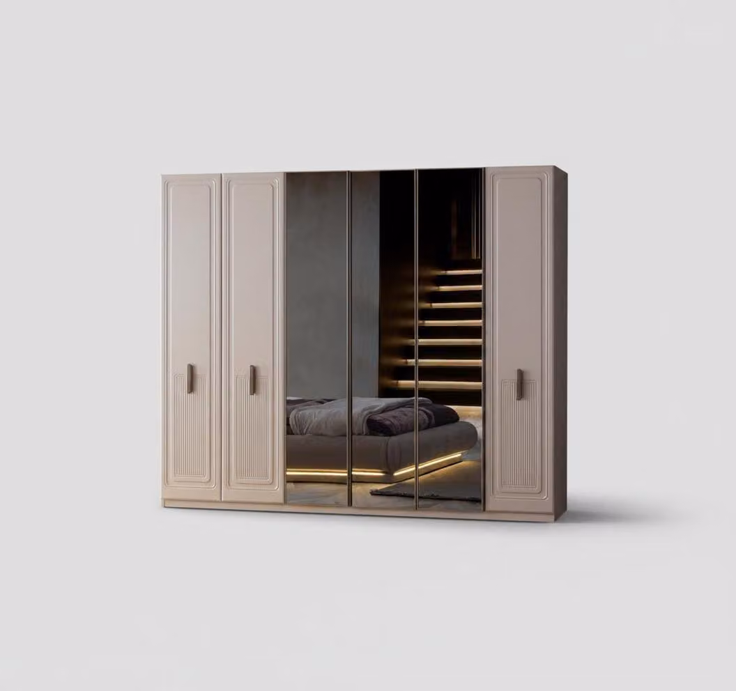 Armadio a ante battenti, 6 ante, specchio, beige, design moderno, guardaroba