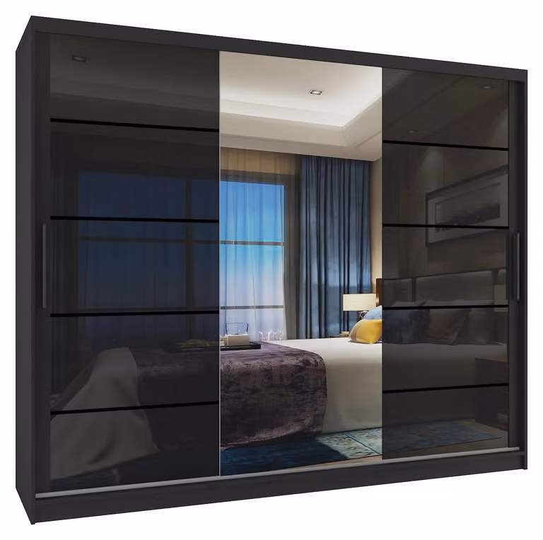 BELINI Verona, armadio scorrevole da 232 cm, nero lucido - armadio con specchio e 4 cassetti, ideale per la camera da letto