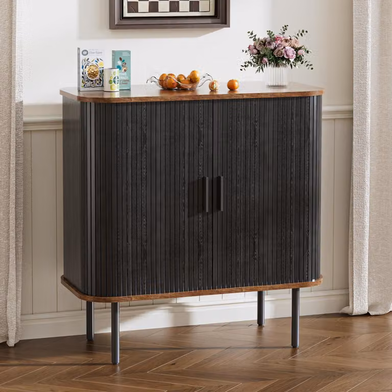Mobile contenitore con 2 ante scorrevoli, in legno, con ripiani regolabili, dimensioni 80x40x82 cm, colore nero