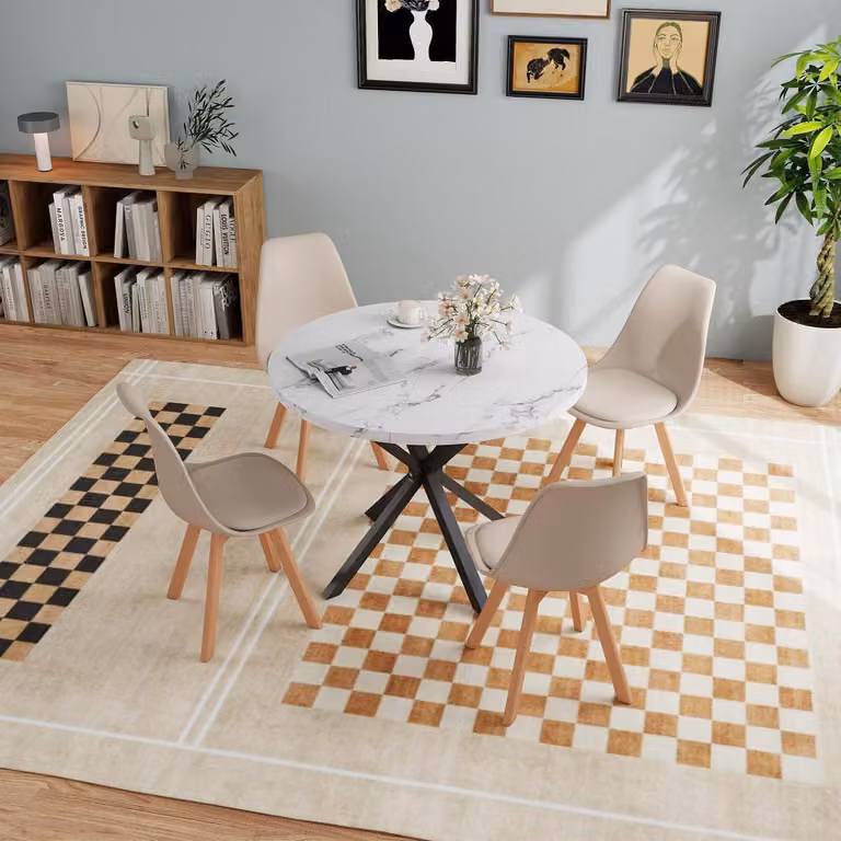 Set da pranzo composto da tavolo e 4 sedie, con finitura effetto marmo, colore bianco e kaki, dimensioni 100x100x75 cm