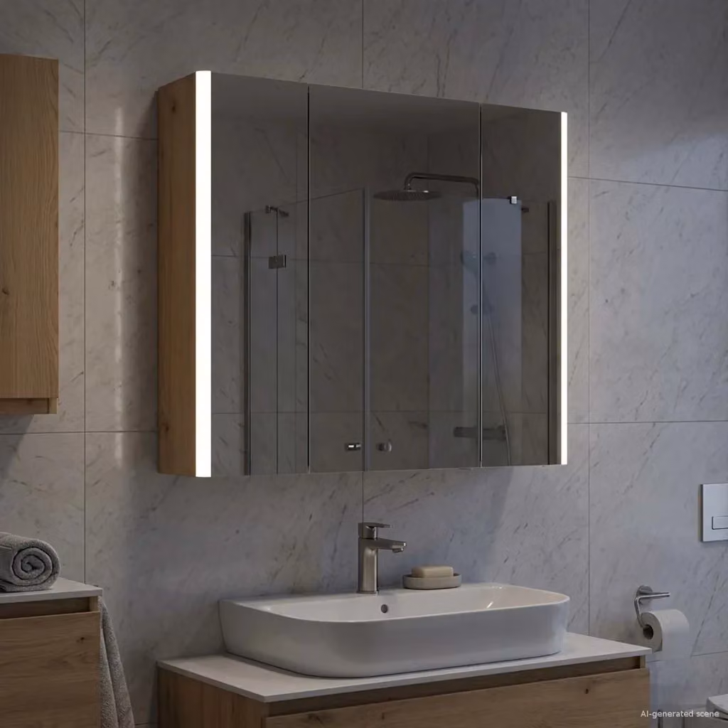 Armadio da bagno moderno con illuminazione LED e ante in vetro, finitura rovere marrone, sospeso, L: 63.5 cm, H: 60.5 cm, P: 15.5 cm – 2