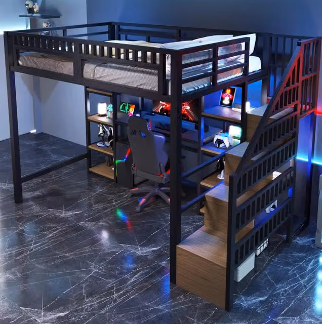 Letto a soppalco ULEVR 140x200 cm con scrivania, LED controllabili via app e USB, scala contenitore nero