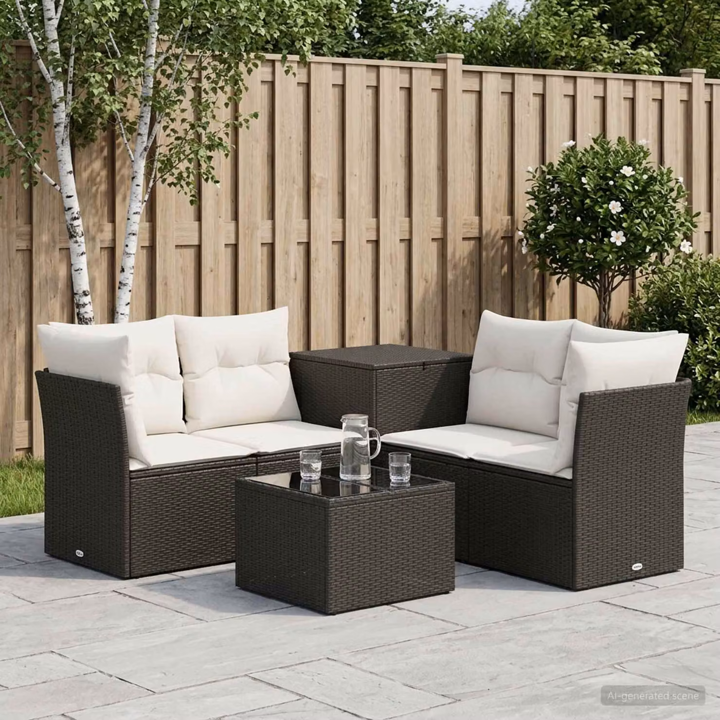 Set di divani da giardino vidaXL in polyrattan nero e bianco con cuscini e tavolino da esterno a forma di U