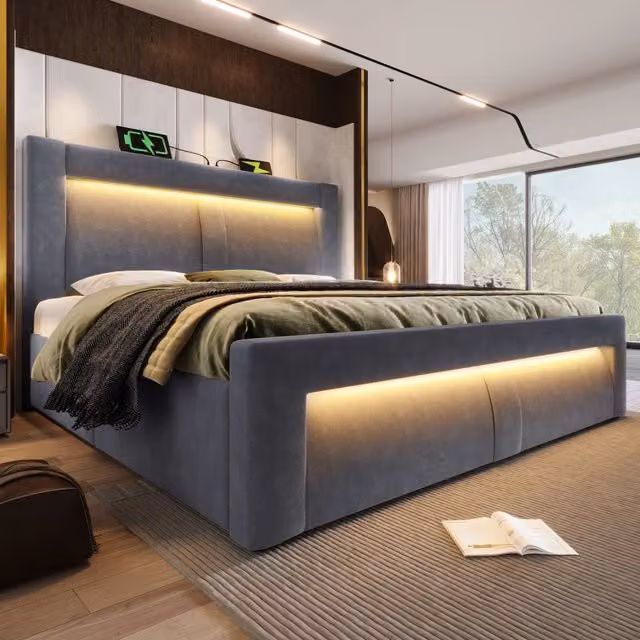 Letto matrimoniale contenitore 160x200 cm con LED; USB e Type-C; velluto grigio con materasso