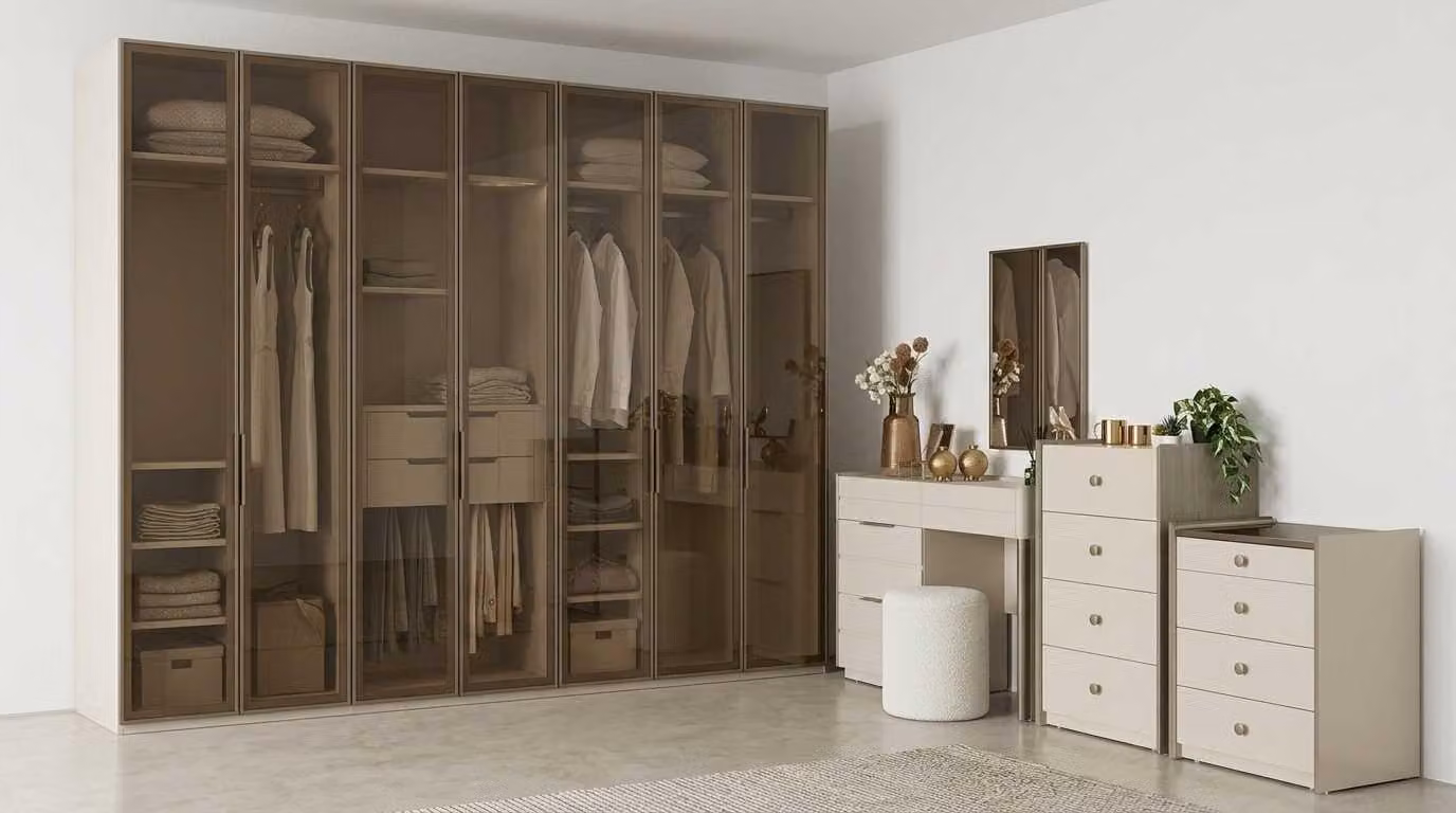 Set per camera da letto beige, moderno, composto da armadio, comodini e specchio