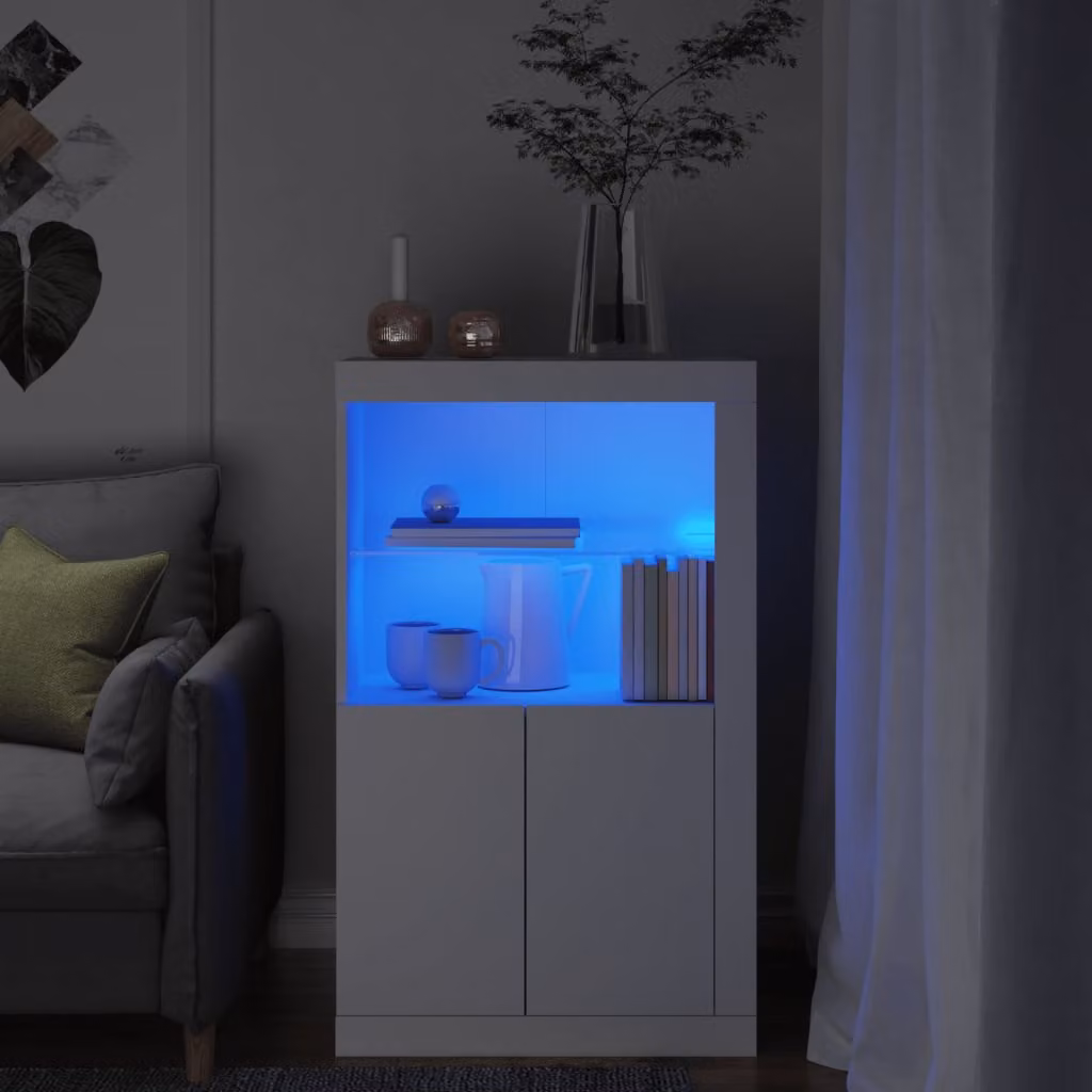 Armadietto da parete moderno vidaXL con luci LED integrate e ante a battente in legno e vetro, Bianco opaco, L: 100 cm, H: 60,5 cm, P: 37 cm
