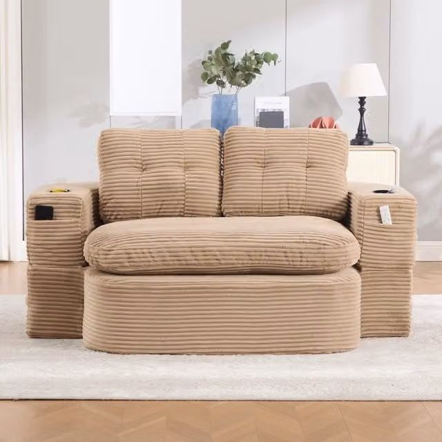 Sedia relax 2 in 1 WISHDOR in velluto a coste beige con funzione letto, schienale alto e seduta extra profonda