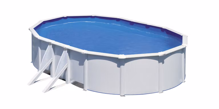 Piscina da esterno ovale in acciaio GRE, colore bianco, modello KIT610ECO – 610 x 375 x 120 cm, set completo