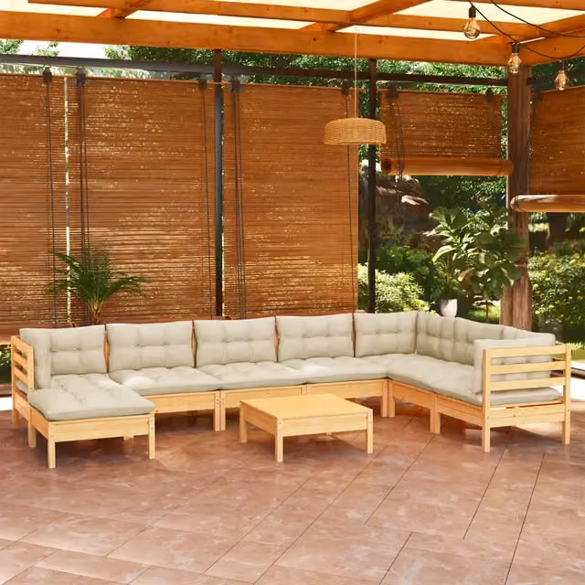 Set Divani da Giardino 9 pz con Cuscini Crema Massello di Pino 3096665