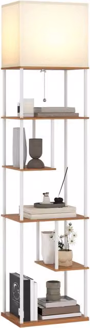 Lampadaire avec étagères, lampadaire sur pied de salon dimmable, télécommande, 40 x 29 x 171 cm, bois naturel