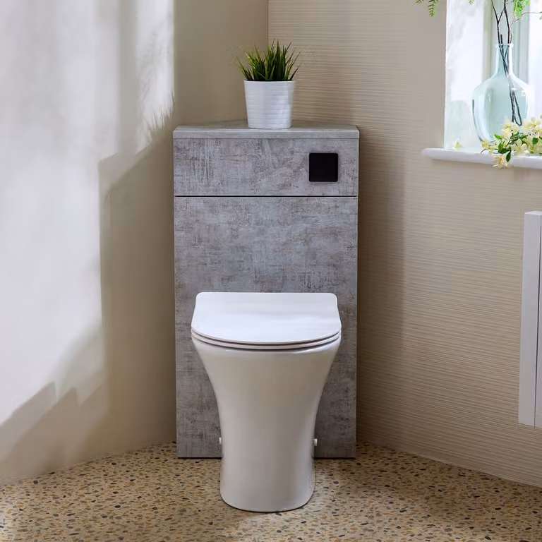 Unità WC Angolare per WC in Grigio Cemento con Sanitario Marbury - con Pulsante di Scarico Nero - Cluo