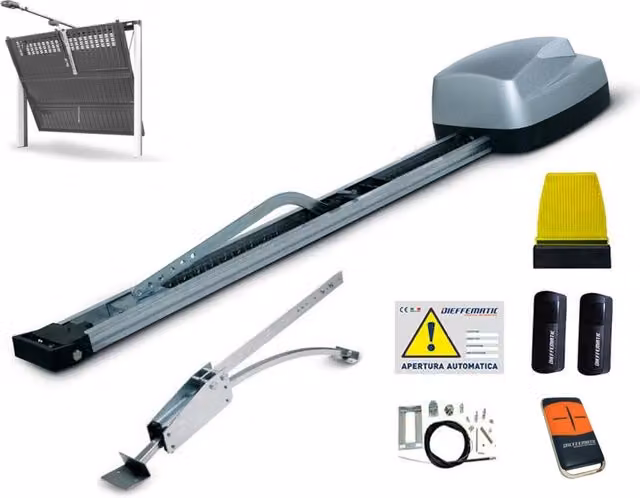 Kit di automazione Dieffematic per porte basculanti a contrappesi da 100kg e 15mq con arco e accessori in alluminio e plastica grigia