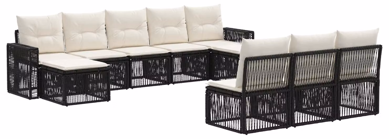 Set da giardino composto da 10 pezzi, in rattan sintetico nero e crema