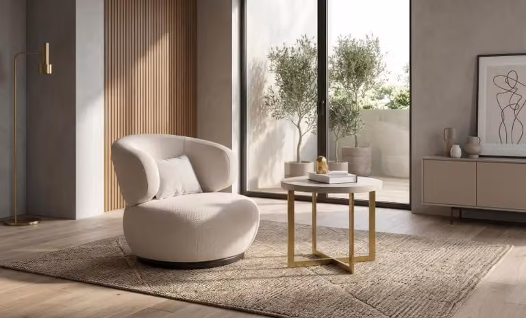 Set di poltrone e tavolino laterale, design moderno, bianco, elegante, lussuoso, completo di stile