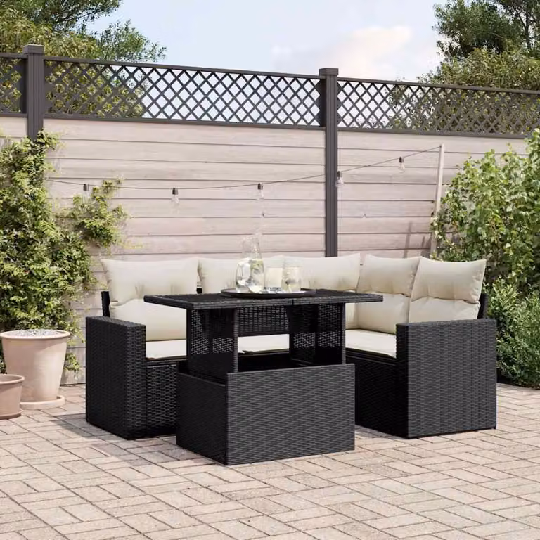 vidaXL Set Divani da Giardino a L 5 pz con Cuscini e Tavolino in Polyrattan e Metallo Nero