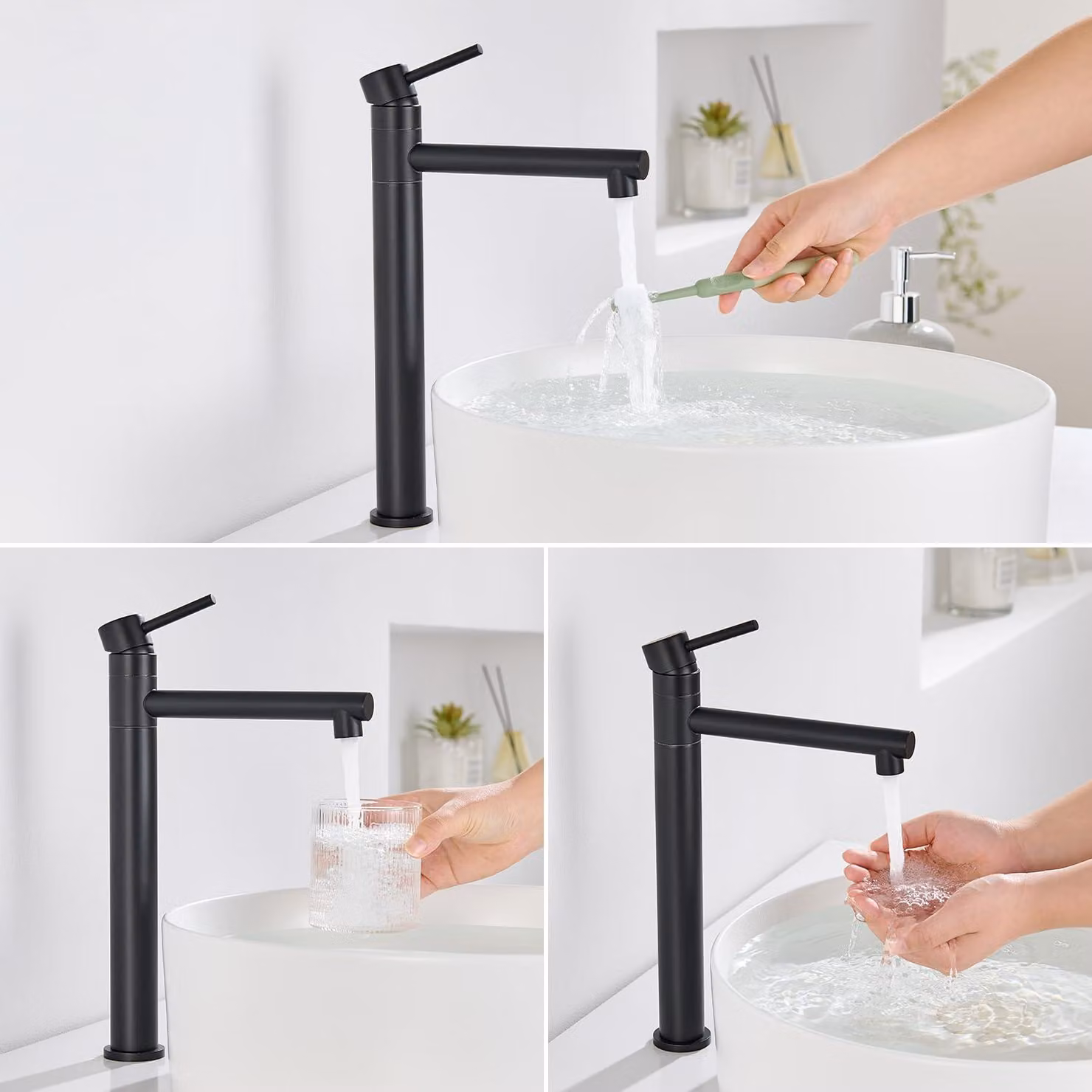 Miscelatore per lavabo, modello alto, 237 mm, finitura nera opaca, girevole a 360°, per bagno