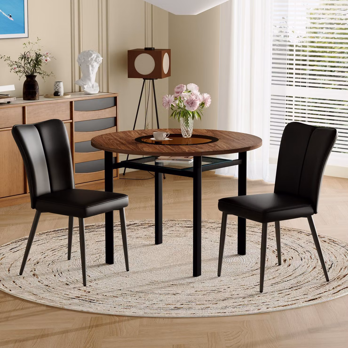 STILVORA Tavolo da pranzo rotondo da 100 cm con 2 sedie nere – Inserto in vetro e ripiano in vetro, tavolo da cucina e da pranzo moderno con effetto legno