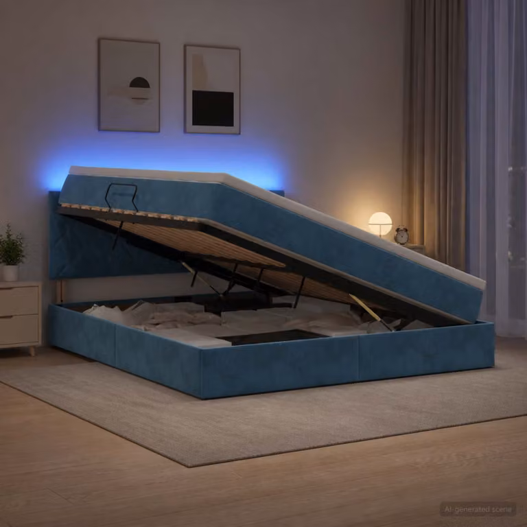 Letto con contenitore e illuminazione LED vidaXL in velluto blu scuro con materasso a molle L/P/H: 180 x 200 x 204 cm