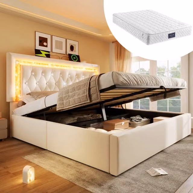 Letto matrimoniale 160x200 in velluto con LED, USB-C e materasso