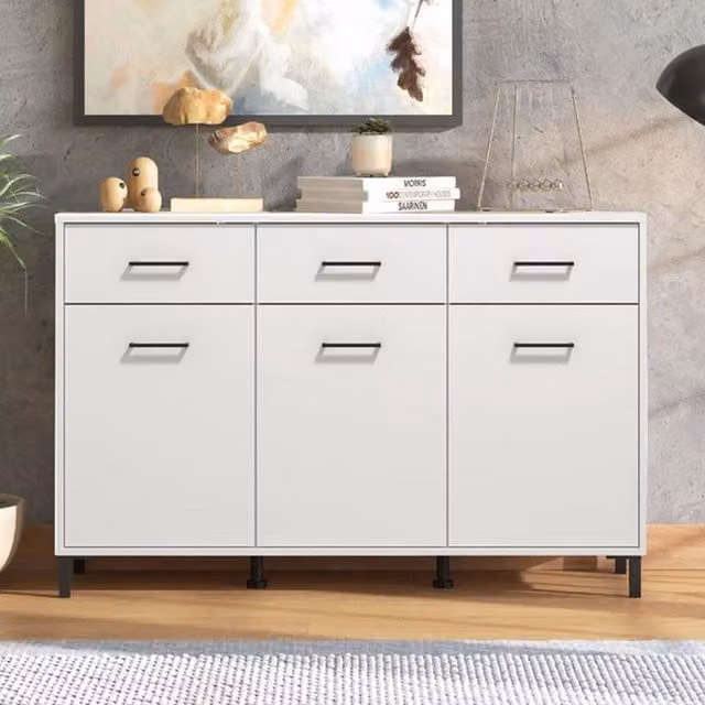 Madia Laerru DMORA con 3 ripiani, design moderno, Bianco, L 138 cm x P 40 cm x H 90 cm