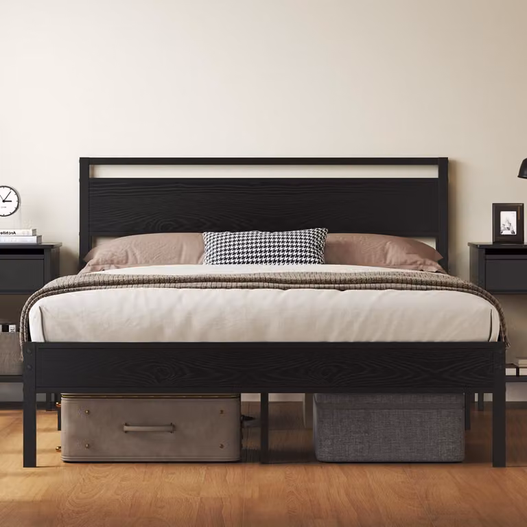 Letto 160x200 cm con rete a doghe, contenitore, colore nero, struttura in metallo