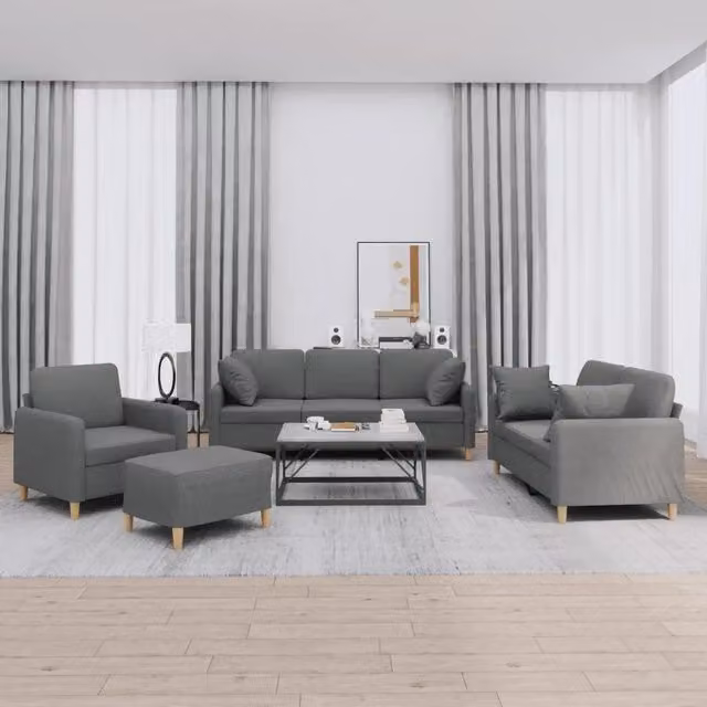 Set di divani moderno vidaXL in tessuto grigio composto da divano a 3 posti, divano a 2 posti, pouf e cuscini per il tuo soggiorno