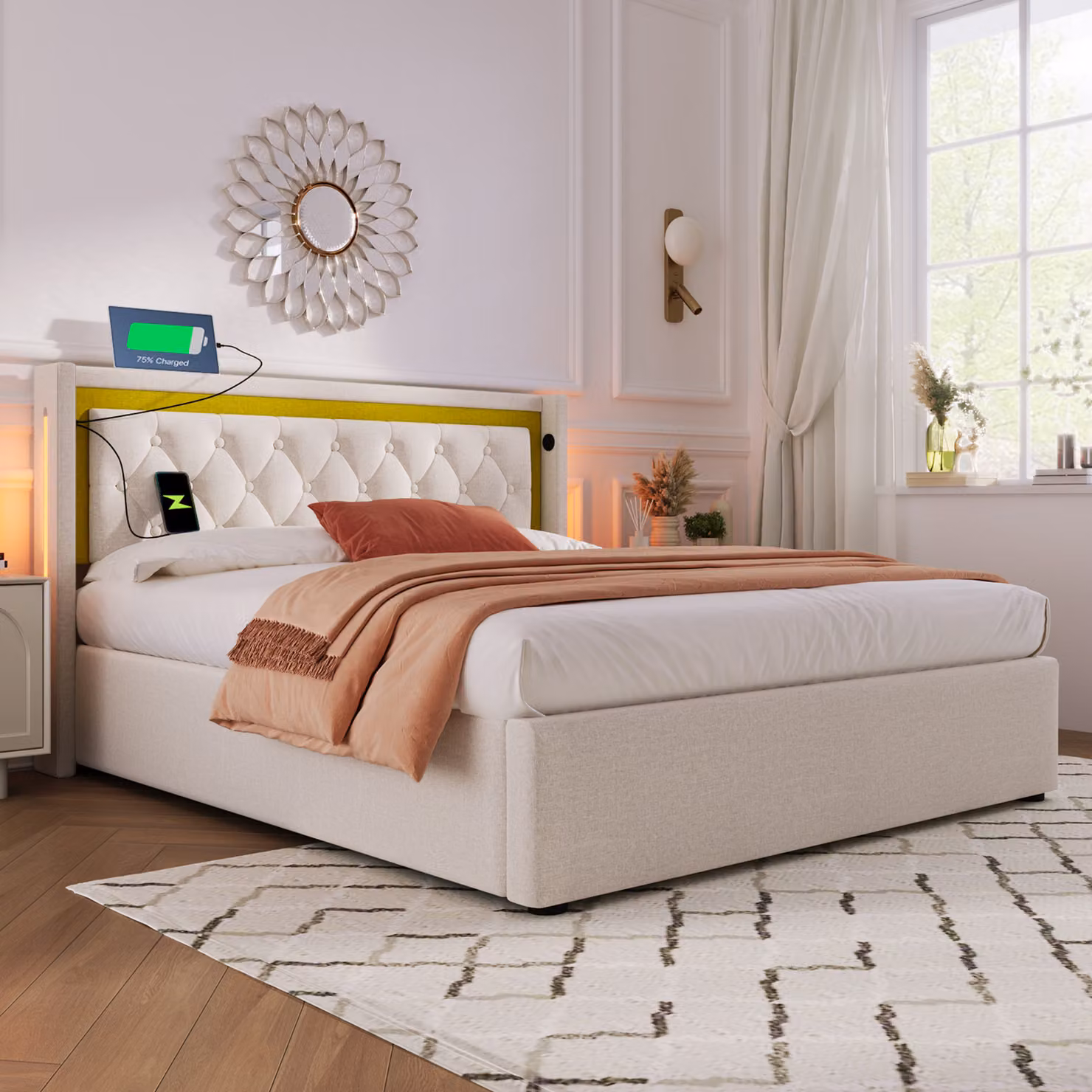 okwish Letto imbottito 140x200 cm, letto matrimoniale LED, contenitore sotto il letto, testiera con ricarica USB-C, rete a doghe, letto economico di alta qualità in cotone (senza materasso)