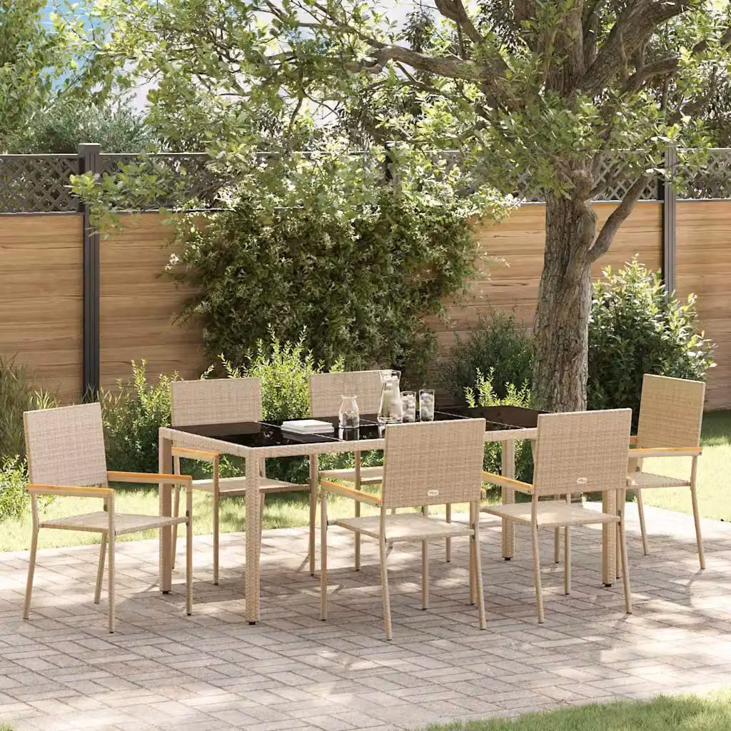 Set da pranzo per giardino vidaXL in polyrattan beige e marrone con tavolo in vetro e legno di acacia, 7 pezzi – 1
