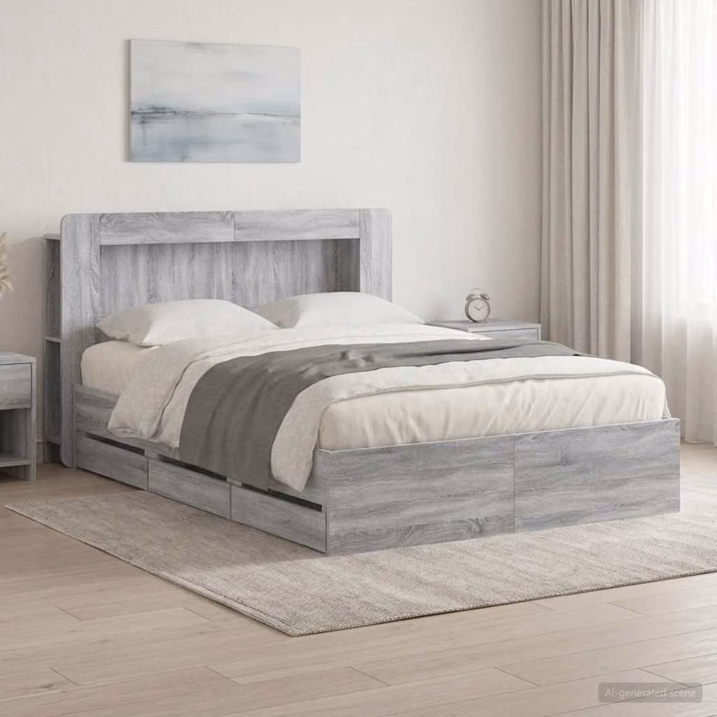 Letto con contenitore e testata vidaXL in legno Sonoma grigio, L/P/H: 221.5 x 140 x 153.5 cm