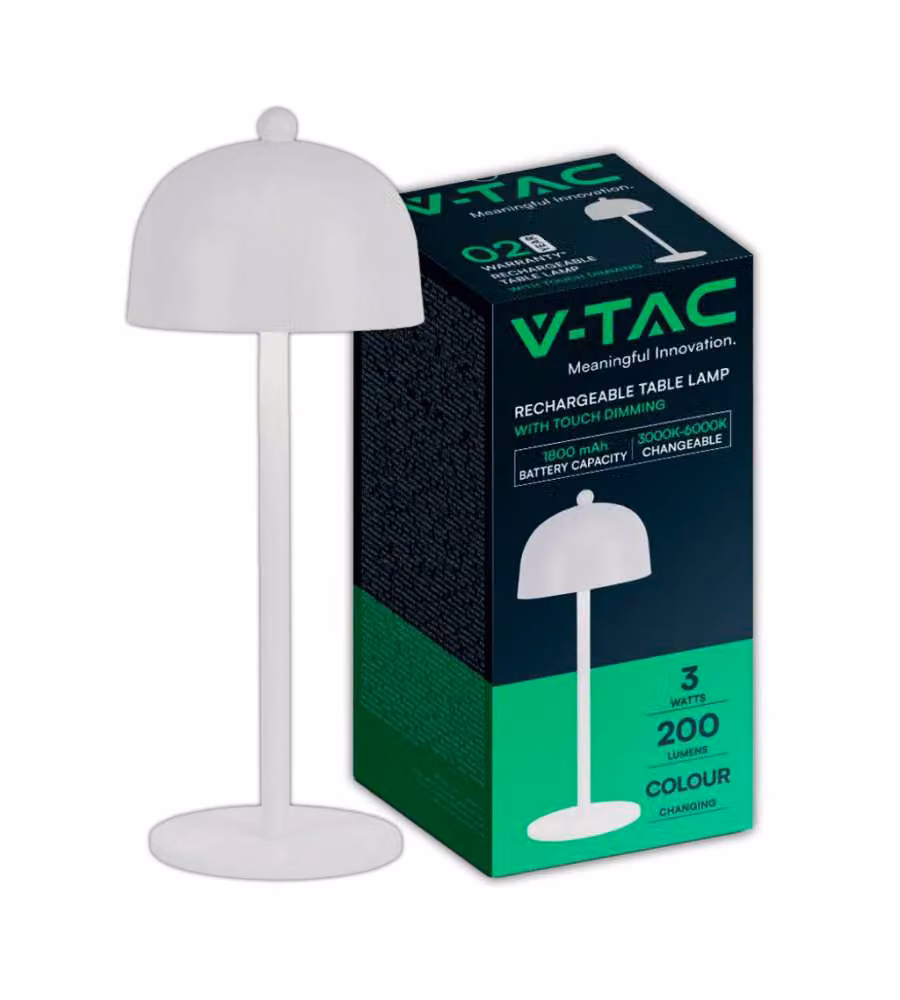 V-TAC Lampada LED da Tavolo 3W con Batteria Ricaricabile USB C, Colore Bianco, Design in Metallo con Controllo Touch Dimmerabile