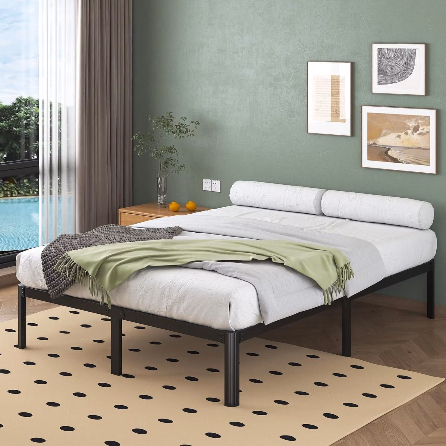 Letto matrimoniale in metallo, 120x200 cm, con rete a molle, angoli arrotondati, spazio contenitivo sotto il letto, ideale per la camera da letto
