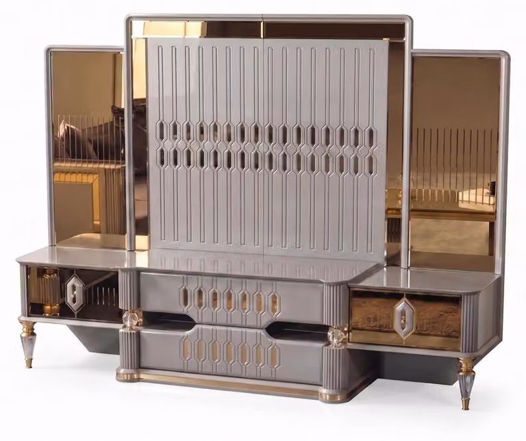 Mobile TV beige, bianco e dorato, design moderno, ideale per il soggiorno