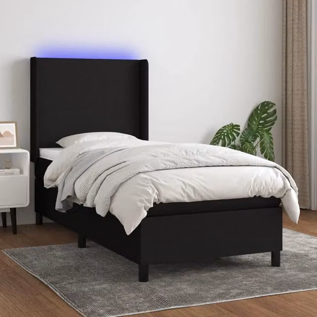 Letto Ibrido vidaXL con Materasso, Illuminazione LED Sotto il Letto e Porte USB, Tessuto Nero, L/P: 100 x 200 cm – 1